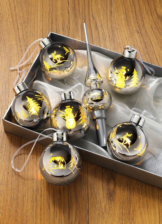 Christbaumschmuck - LED-Weihnachtskugeln aus Echtglas, in Farbe CHROM, in Ausführung LED-Weihnachtskugeln mit Baumspitze, 5-teilig