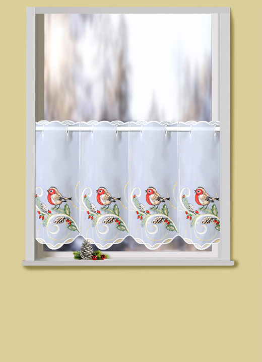 - Kurzstore mit echter Plauener Stickerei und Stangendurchzug, in Größe 822 (H35xB 80 cm) bis 862 (H55xB144 cm), in Farbe WEISS-BUNT Ansicht 1
