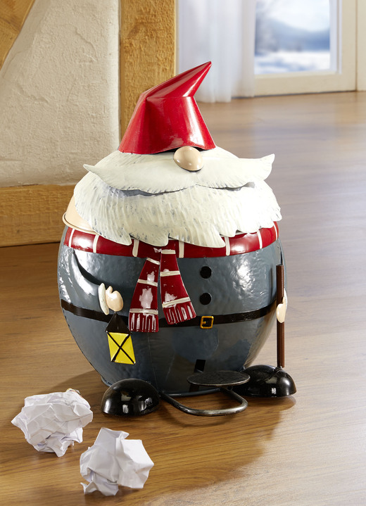 Weihnachtliche Dekorationen - Mülleimer Wichtel aus Metall mit Tretmechanismus, in Farbe ROT-GRAU-WEIß Ansicht 1