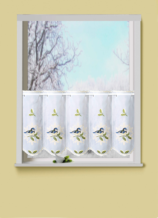 Fensterdekorationen - Kurzstore Blaumeise mit Plauener Stickerei und Stangendurchzug, in Größe 788 (H40xB 95 cm) bis 792 (H40xB160 cm), in Farbe WEIß-BUNT Ansicht 1