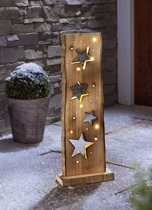 Außendekorationen - LED-Holzstele Sterne aus naturfarbenem Pinienholz, in Farbe NATUR