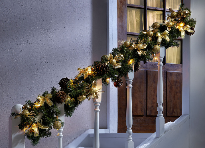 Außendekorationen - Weihnachtsgirlande mit Beleuchtung, in Farbe GRÜN-GOLD