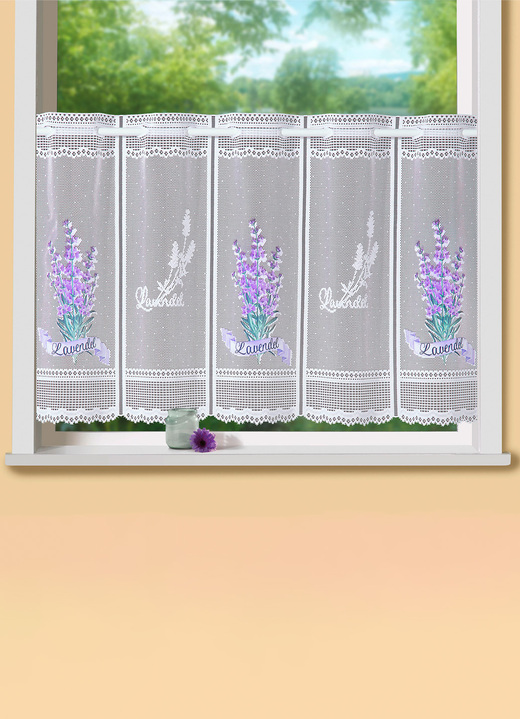 Landhaus & Küche - Kurzstore mit Stangendurchzug und Lavendel-Motiv, in Größe 789 (H45xB128 cm) bis 860 (H60xB160 cm), in Farbe WEIß-FLIEDER