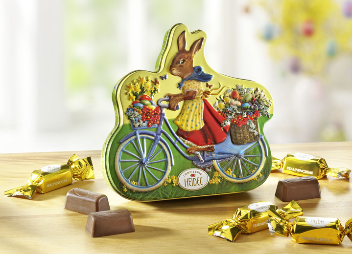 Osterleckereien - Dose aus Metall mit Motiv Hase auf Fahrrad, in Farbe BUNT