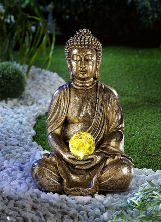 Buddha mit Solarkugel aus witterungsbeständigem Polyresin
