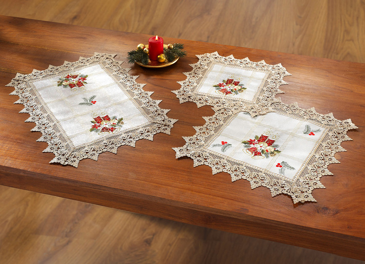 - Festliche Tisch- und Raumdekoration mit Makrameeborte, in Größe 135 (Deckchen, 35x 50 cm) bis 404 (Kissenbezug, 40x 40 cm), in Farbe CREME-ROT