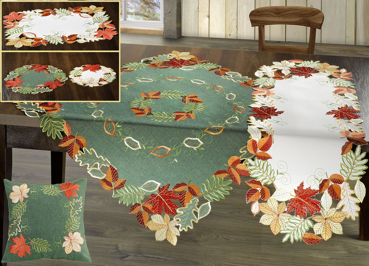 Kissenbezüge - Herbstliche Tisch- und Raumdekoration mit Blattmotiven, in Größe 101 (Deckchen, 35x 50 cm) bis 404 (Kissenbezug, 40x 40 cm), in Farbe GRÜN-BUNT Ansicht 1