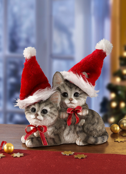 - Weihnachtskätzchen aus Polyresin, in Farbe GRAU-ROT Ansicht 1