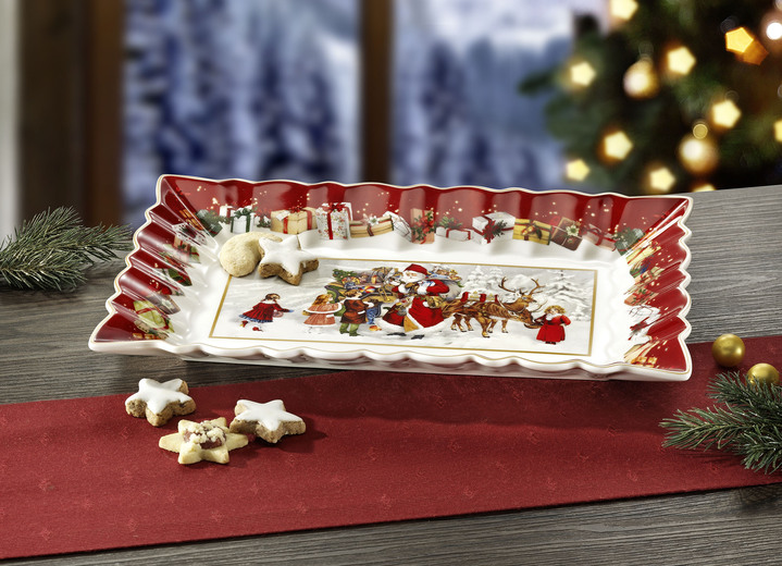 Porzellan - Servierplatte mit zauberhaftem Weihnachtsmann-Motiv, in Farbe ROT-WEIß