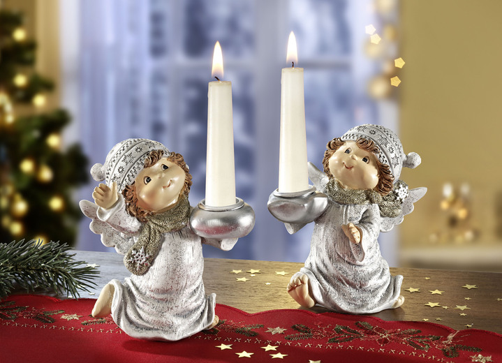 Weihnachtliche Dekorationen - Kerzenhalter Engel aus Polyresin, 2er-Set, in Farbe SILBER