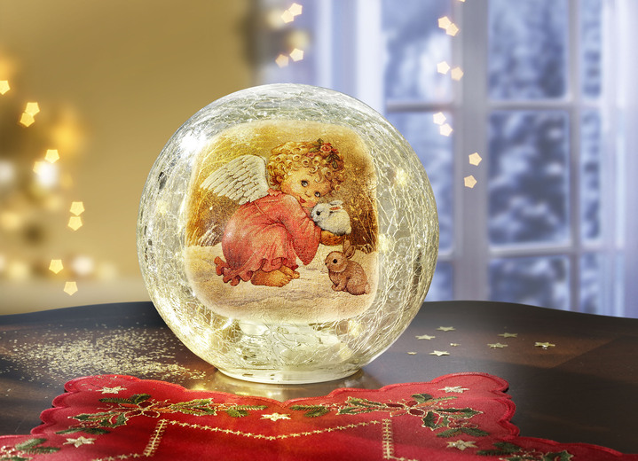 Weihnachtliche Dekorationen - Beleuchtete Kugel aus krakeliertem Glas, in Farbe ROSA-WEIß