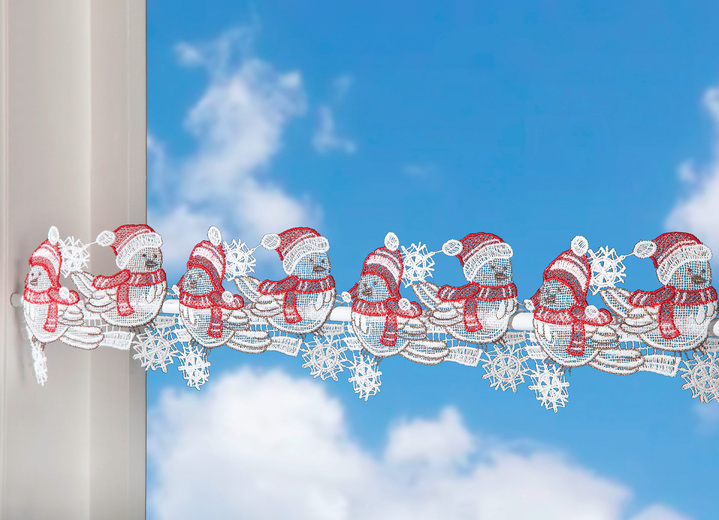 Fensterdekorationen - Stangendekoration Wintervögel aus echter Plauener Spitze, in Größe 628 (H12xB41 cm) bis 660 (H12xB108 cm), in Farbe WEIß-ROT