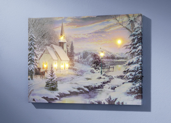 Weihnachtliche Dekorationen - Batteriebetriebenes LED-Bild mit Winterlandschaft, in Farbe WEIß-BLAU