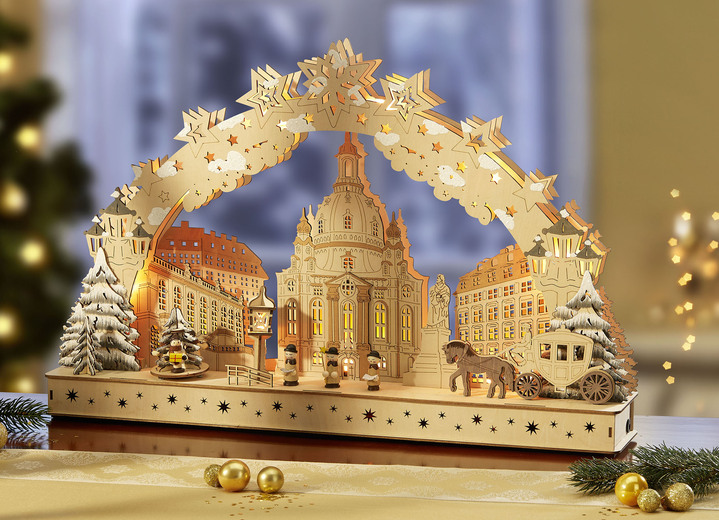 Weihnachtliche Dekorationen - Batteriebetriebener Schwibbogen aus Holz, in Farbe NATUR