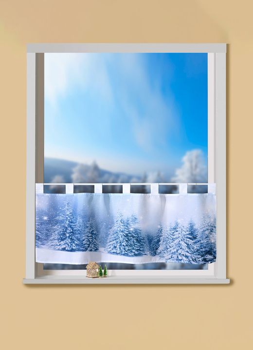 Fensterdekorationen - Kurzstore Winterwald mit Schlaufen, in Größe 786 (H45xB 85 cm) bis 788 (H45xB120 cm), in Farbe WEIß-BLAU Ansicht 1