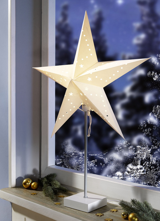 Weihnachtliche Dekorationen - Tischleuchte Stern aus Papier mit Metallfuß, in Farbe WEIß