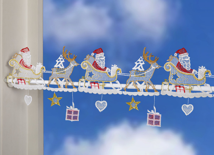 Fensterdekorationen - Stangendekoration Weihnachtsmann aus Plauener Spitze, in Größe 628 (H19xB 22 cm) bis 686 (H19xB110 cm), in Farbe BUNT