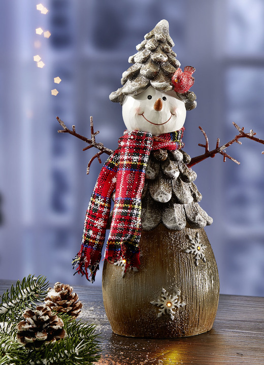 Weihnachtliche Dekorationen - Beleuchteter Schneemann aus Polyresin, in Farbe BRAUN-ROT, in Ausführung Schneemann mit Zapfenhut Ansicht 1