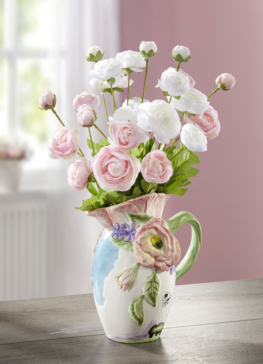 Kunst- & Textilpflanzen - Vase mit Henkel und Pfingstrosen, in Farbe ROSÉ-GRÜN-CREME