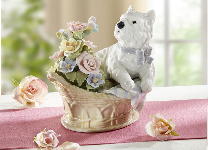 Figuren - Spieluhr Hund im Blumenkorb aus Porzellan, in Farbe CREME-WEISS