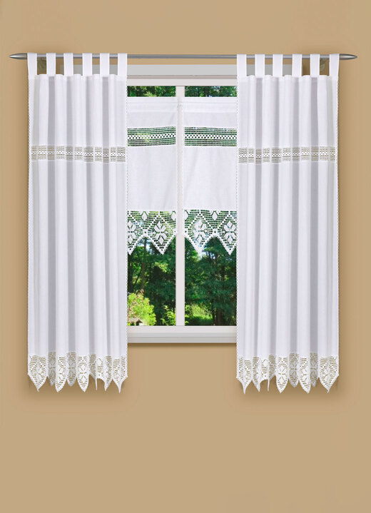 Klassisch - Hochwertige und blickdichte Fensterdekoration, in Größe 361 (Seitenschal, H150xB120 cm) bis 827 (Scheiben-Gardine, H130xB50 cm), in Farbe WEIß Ansicht 1