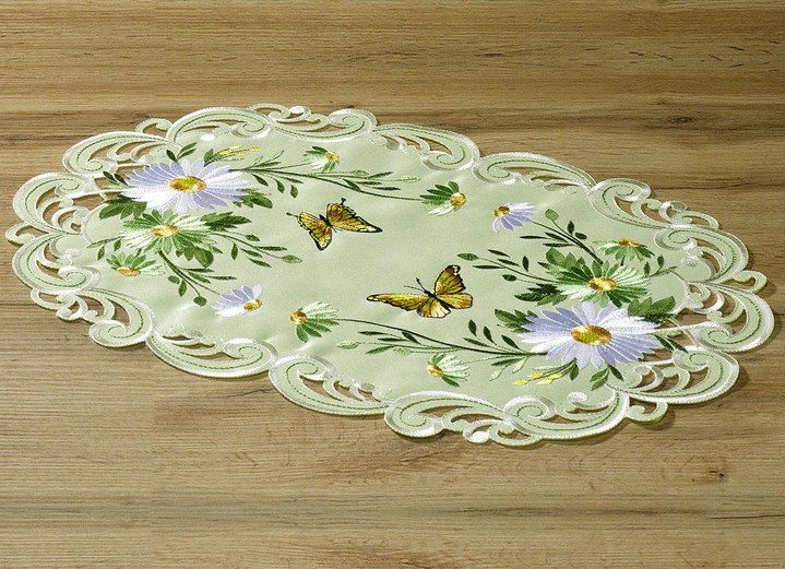 Tischdecken - Tisch- und Raumdekoration mit Blumen und Schmetterlingen, in Größe 101 (Deckchen oval, 35x 50 cm) bis 404 (Kissenbezug, 40x 40 cm), in Farbe GRÜN Ansicht 1