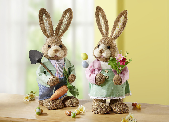 Dekorationen - Bast-Hase aus Kunst und Textilmaterial, in Farbe NATUR-GRÜN, in Ausführung Häsin