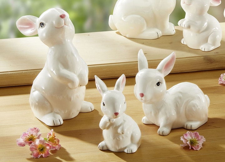 Ostern - Hasenfiguren aus Keramik, in Farbe WEISS-ROSA, in Ausführung 3er-Set, stehend Ansicht 1