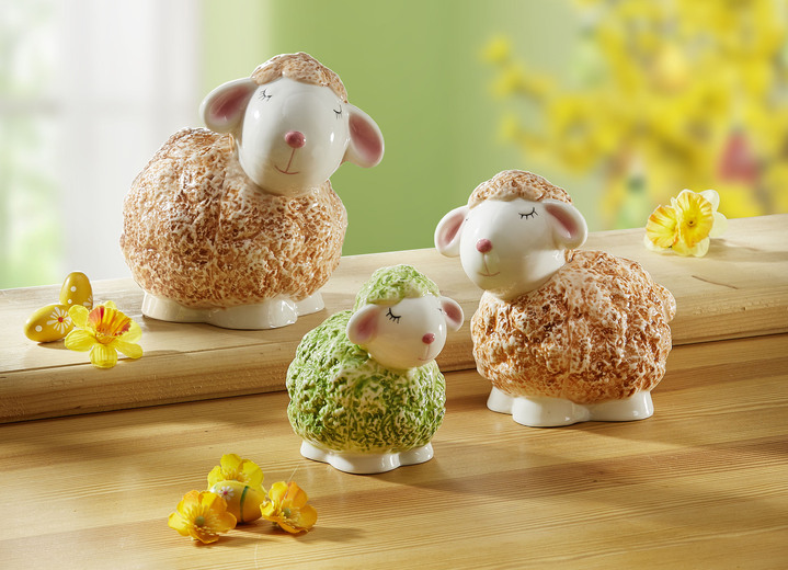 Figuren - Schäfchen aus Keramik, 3er-Set, in Farbe WEISS-GRÜN-TERRA