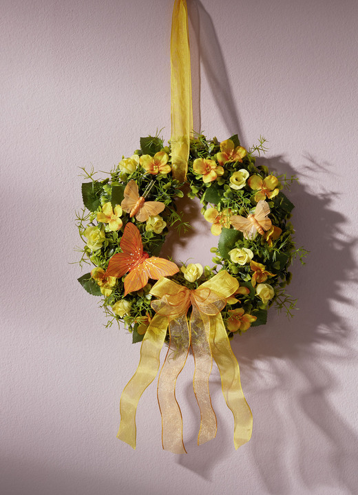 Kunst- & Textilpflanzen - Wandkranz mit Textilschleifenbändern, in Farbe GELB-ORANGE, in Ausführung Gelb-orange, mit Hortensienblüte Ansicht 1