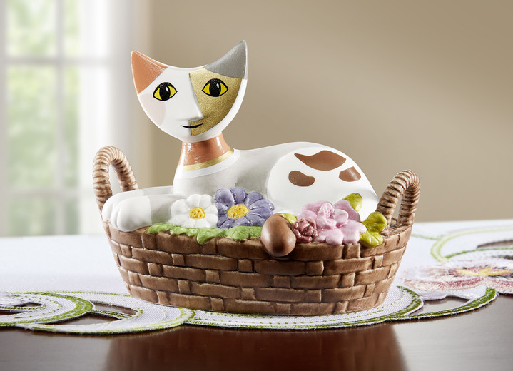 Figuren - Katze im Korb aus hochwertigem Biskuitporzellan, in Farbe BUNT