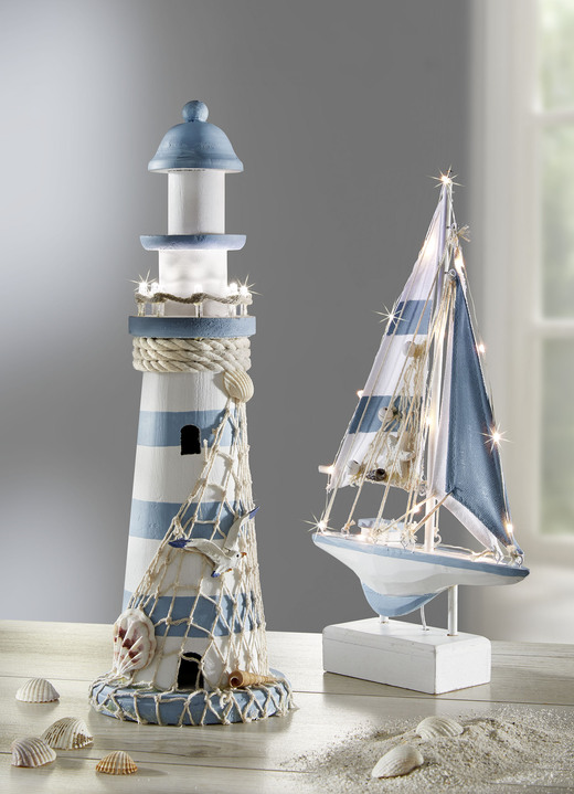 Wohnaccessoires - Maritime LED-Dekoration aus Holz, in Farbe BLAU-WEISS, in Ausführung Leuchtturm