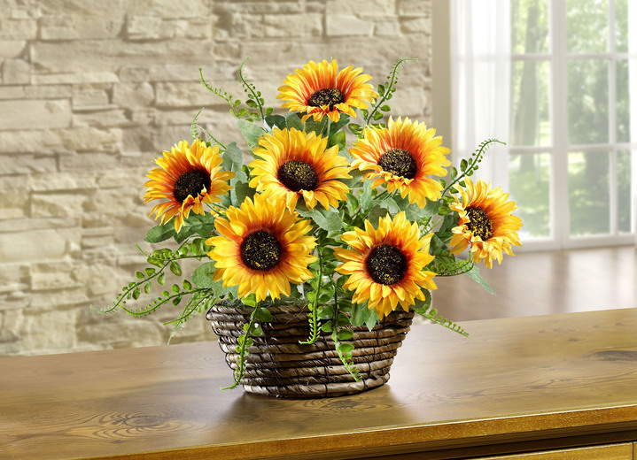 Kunst- & Textilpflanzen - Sonnenblumen-Gesteck in Weidenkorb, in Farbe GELB-GRÜN