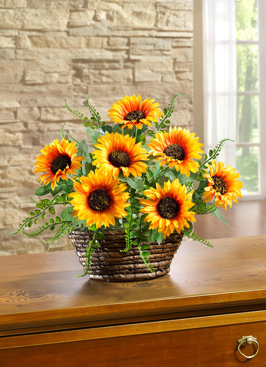 Kunst- & Textilpflanzen - Sonnenblumen-Gesteck in Weidenkorb, in Farbe GELB-GRÜN