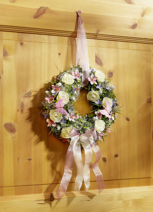 Dekoration - Wandkranz mit Ranunkeln und rosafarbenen Blüten, in Farbe GRÜN-WEISS