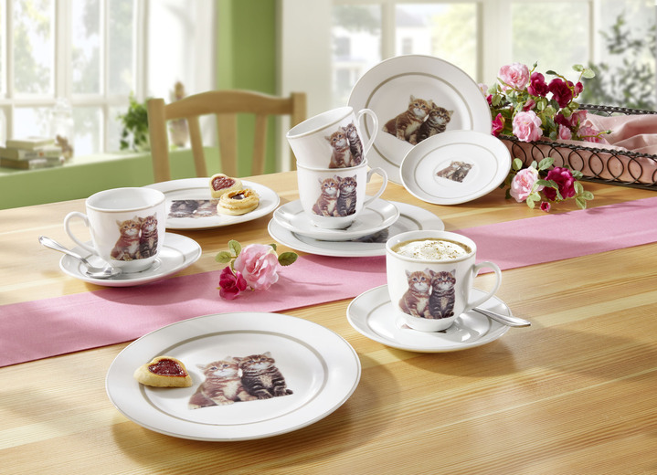 Gläser & Geschirr - Kaffee-Service  12-teilig, Kätzchen, in Farbe WEISS-BRAUN