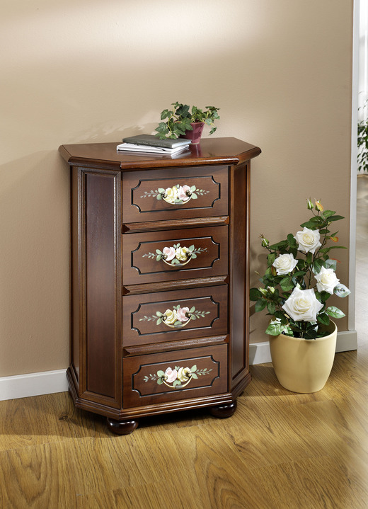 Sideboards & Kommoden - Stilvolle Kommode mit handbemalter Blumendekoration, in Farbe NUSSBAUM, in Ausführung Schubladenkommode