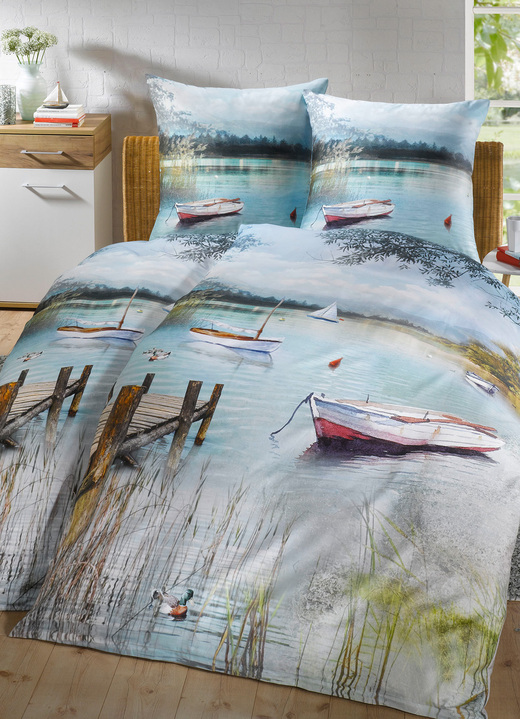 Bettwäschegarnituren - Digitalbedruckte Bettwäsche-Garnitur mit Seenlandschaft, in Größe 112 (80x80 cm + 135x200 cm) bis 115 (80x80 cm + 155x220 cm), in Farbe BUNT Ansicht 1