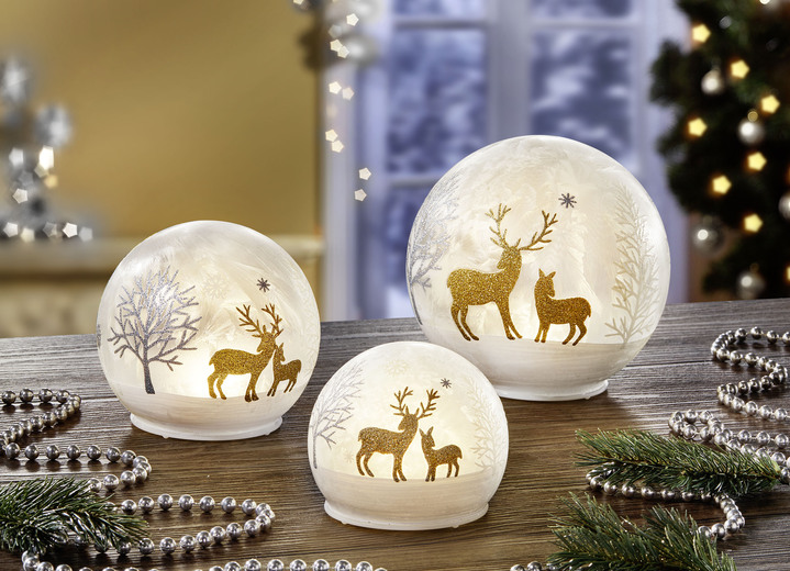 Weihnachtliche Dekorationen - LED-Kugel, 3er-Set,aus Glas, in Farbe SILBER-WEIß