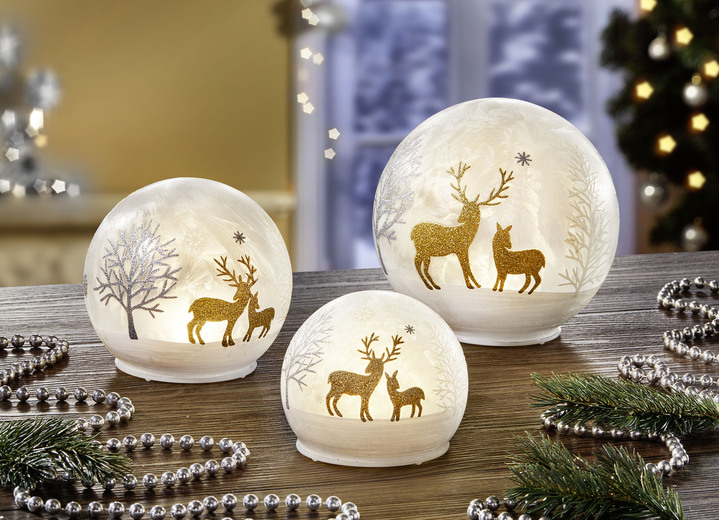 Weihnachtliche Dekorationen - LED-Kugeln aus Glas, 3er-Set, in Farbe WEISS-SILBER-GOLD Ansicht 1