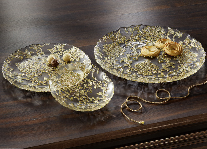 Gläser & Geschirr - Teller aus Glas mit goldfarbenem Relief, in Farbe GOLD-TRANSPARENT, in Ausführung klein