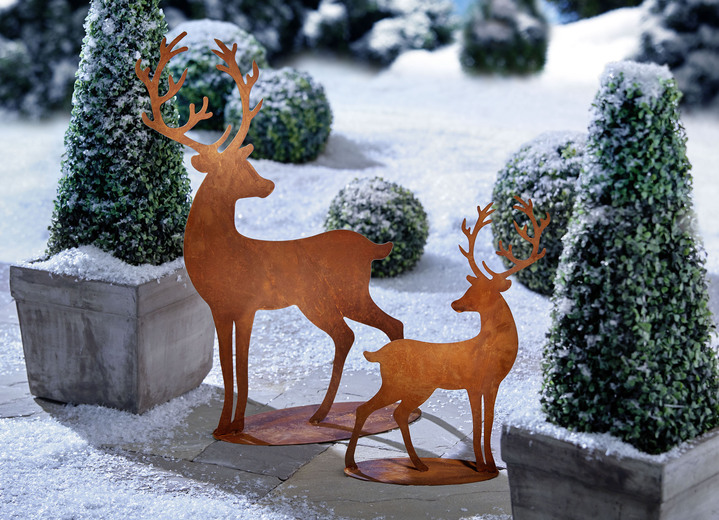 Winterlicher Garten - Hirsch-Silhouetten aus gerostetem Stahlblech, in Farbe BRAUN, in Ausführung klein Ansicht 1