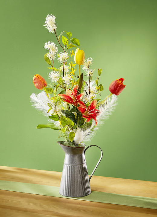 Kunst- & Textilpflanzen - Blumen-Arrangement in Kanne, in Farbe GELB-ORANGE