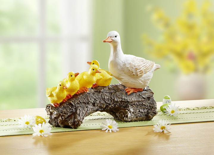 Dekorationen - Entenfamilie auf Baumstamm, in Farbe BRAUN-GELB-WEISS