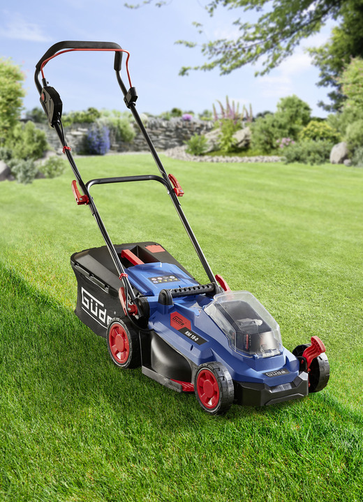 Gartenzubehör - Akku-Rasenmäher für Garten-Akkusystem, in Farbe BLAU-SCHWARZ-ROT
