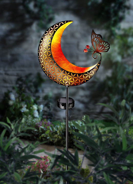Leuchtende Dekoration - Solarstecker Mond mit filigranem Schmetterling, in Farbe SCHWARZ