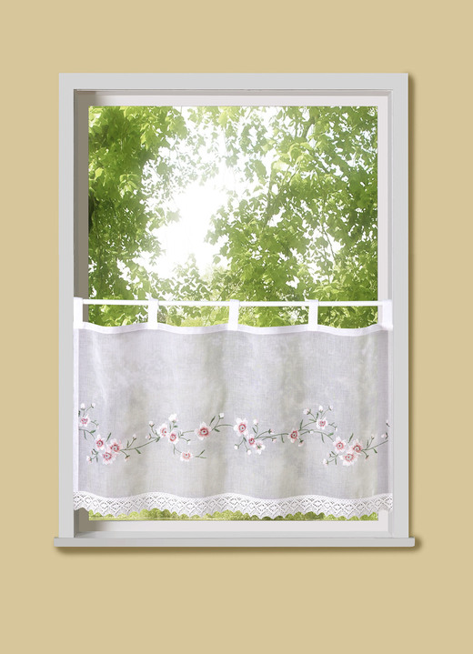 Landhaus & Küche - Kurzstore Blumenblüten mit Schlaufen, in Größe 661 (H30xB 90 cm) bis 859 (H60xB145 cm), in Farbe WEISS Ansicht 1