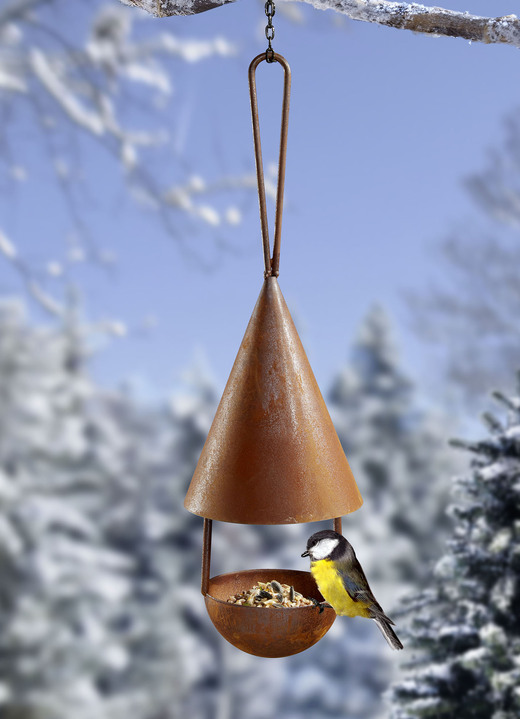 Winterlicher Garten - Futterhaus aus gerostetem Metall, in Farbe BRAUN, in Ausführung hängend Ansicht 1