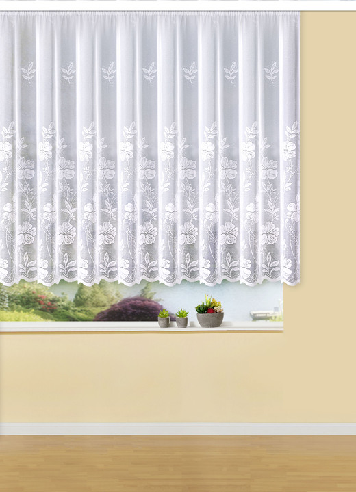 Klassisch - Zauberhafter Blumenfenster-Store in Jacquard-Qualität, in Größe 136 (H120xB250 cm) bis 180 (H175xB500 cm), in Farbe WEISS Ansicht 1