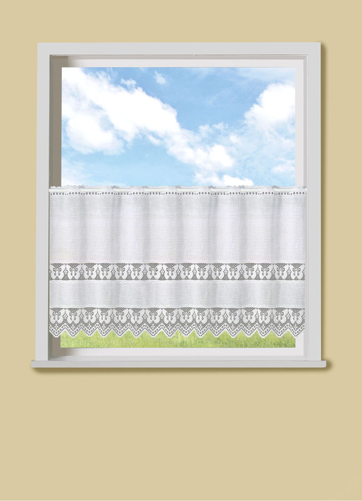 Landhaus & Küche - Kleinfenster-Store mit gezacktem Abschluss und Stangendurchzug, in Größe 854 (H 75xB100 cm) bis 894 (H120xB150 cm), in Farbe WEISS Ansicht 1
